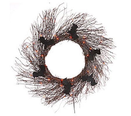 Black Wreath with Bats and Orange Lights by Eve rlasting Glow