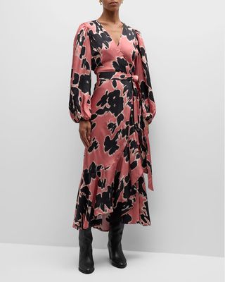 Blaire Long-Sleeve Hammered Satin Midi Wrap Dress