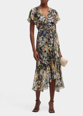 Blaire Printed Linen-Silk Midi Faux-Wrap Dress