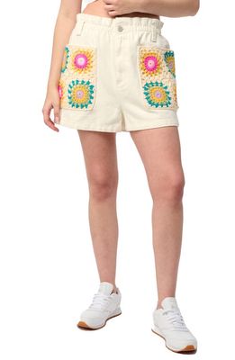 BLANKNYC Crochet Appliqué Paperbag Waist Denim Shorts in Downtime 