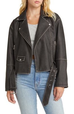 BLANKNYC Distressed Belted Faux Leather Moto Jacket in A-List