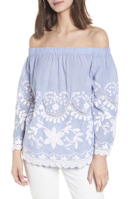 BLANKNYC Embroidered Off the Shoulder Top in Blue/White Stripe