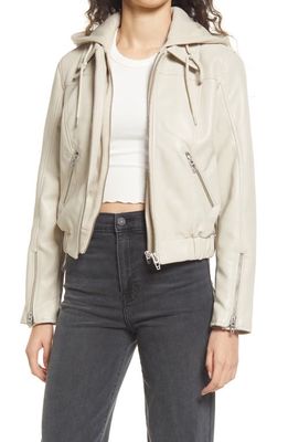 BLANKNYC Faux Leather Bomber Jacket with Removable Hood in On Me