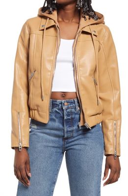 BLANKNYC Faux Leather Bomber Jacket with Removable Hood in On Your Mind