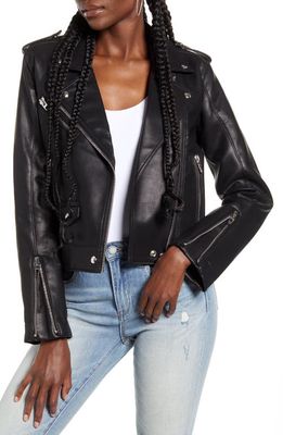 BLANKNYC Semi-Fitted Faux Leather Moto Jacket in In Plain Sight