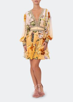 Blouson-Sleeve Button-Front Silk Mini Dress