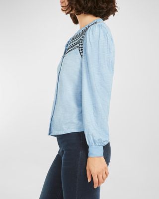 Blouson-Sleeve Embroidered Cotton Shirt