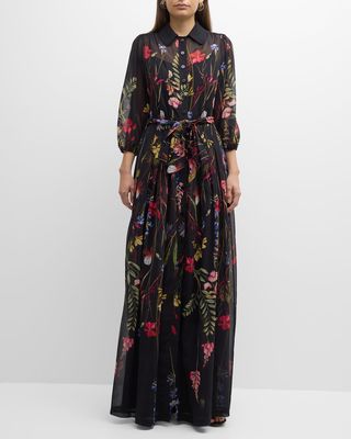 Blouson-Sleeve Floral-Print Chiffon Shirt Gown