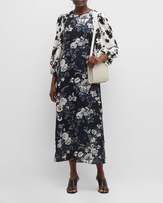 Blouson-Sleeve Floral-Print Midi Dress