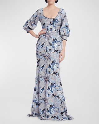 Blouson-Sleeve Floral Sequin Gown