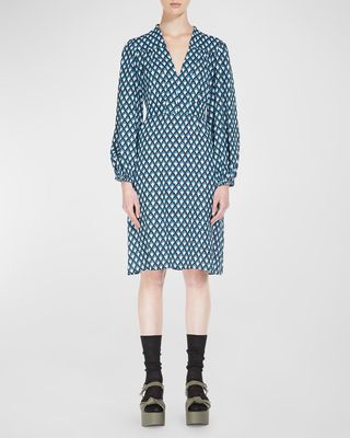 Blouson-Sleeve Geometric-Print Midi Dress
