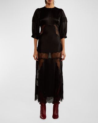 Blouson-Sleeve Lace & Silk Charmeuse Midi Dress