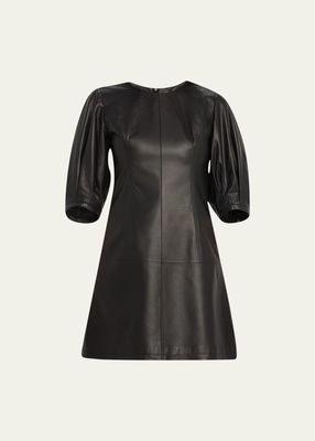 Blouson-Sleeve Leather Mini Dress