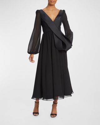 Blouson-Sleeve Loop Sash Midi Dress