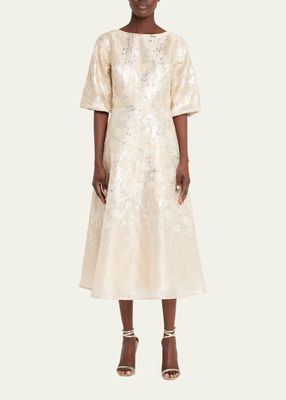 Blouson-Sleeve Metallic Jacquard Midi Dress