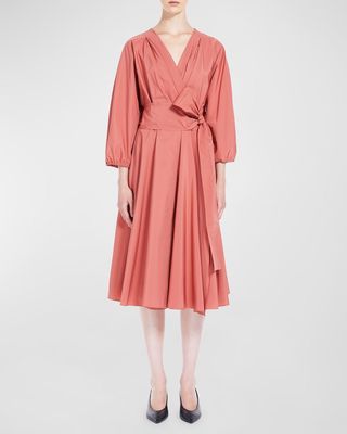 Blouson-Sleeve Taffeta Midi Wrap Dress