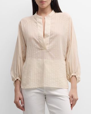Blouson-Sleeve Textured Striped Cotton Shirt