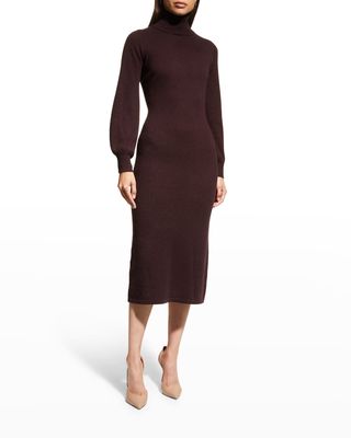 Blouson-Sleeve Turtleneck Cashmere Midi Dress