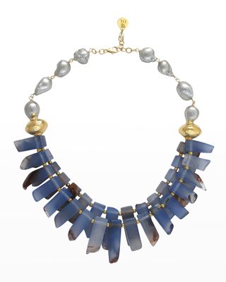 Blue Agate Slab, Gray Pearl and Gold Accent Necklace