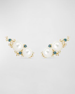 Blue and White Diamond 14K Ear Climbers with Pearls