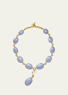 Blue Chalcedony and South Sea Cultured Pearl 18K Gold Y Necklace