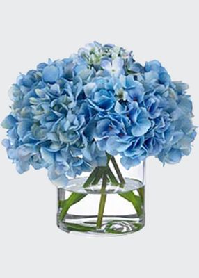 Blue Hydrangea Faux Floral in Glass Vase, 11"