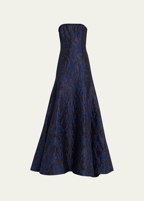 Blue Jacquard Gown with Embroidered Detail