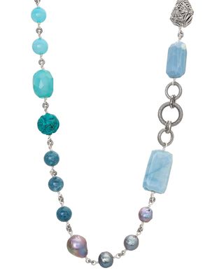 Blue Opal, Turquoise, Aquamarine, Chalcedony and Pearl Necklace