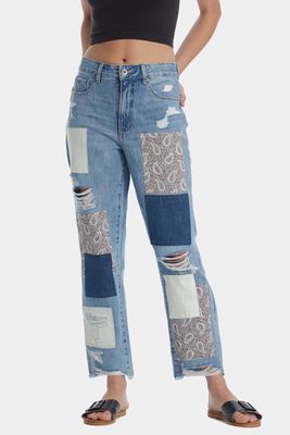 Blue Revival Women's Paisley Patchwork Straight Leg Jeans in Miami
