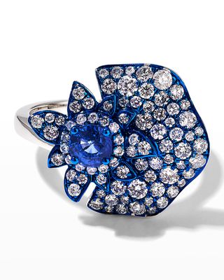 Blue Rhodium, Blue Sapphire and Diamond Folha Ring