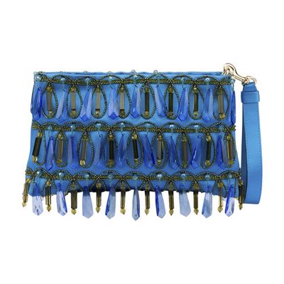Blue satin flat pouch with embroidery