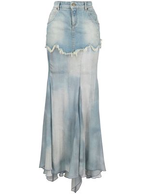 Blumarine asymmetric layered silk-chiffon and denim maxi skirt - Blue