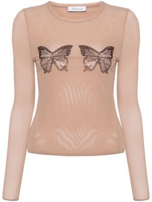 Blumarine butterfly-embellished mesh top - Neutrals