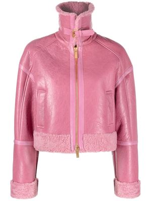 Blumarine crackled-effect shearling leather jacket - Pink