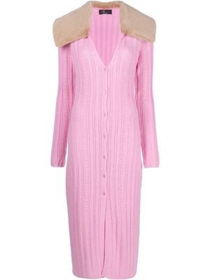 Blumarine faux-fur collar knitted midi dress - Pink