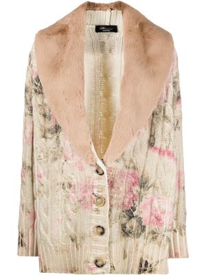 Blumarine faux fur-trim floral cardigan - Neutrals