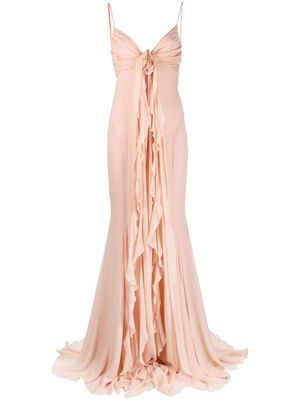 Blumarine floral-appliqué flared silk gown - Pink