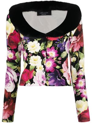 Blumarine floral-print fur-trim cardigan - Black
