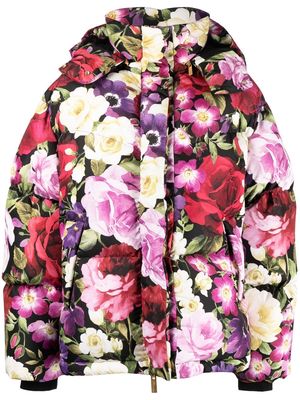 Blumarine floral-print quilted hooded jacket - Black