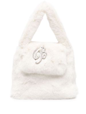 Blumarine logo lettering faux-fur tote bag - White
