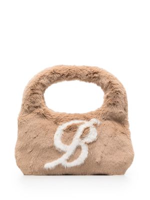 Blumarine logo-print faux-fur top-handle bag - Neutrals