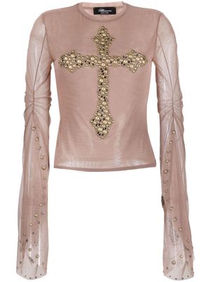 Blumarine rhinestone-cross mesh top - Brown