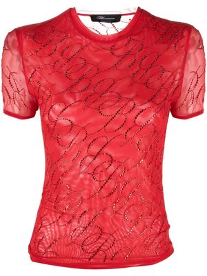 Blumarine rhinestone-embellished logo mesh T-shirt - ROUGE NOIR