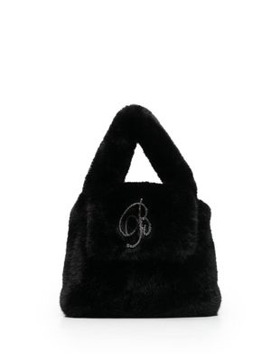 Blumarine rhinestone-logo faux-fur top-handle bag - Black