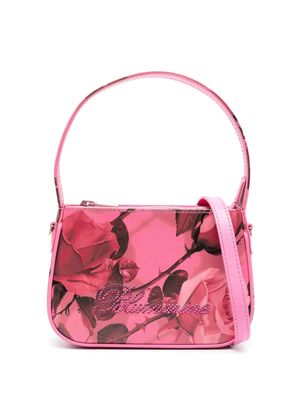 Blumarine rhinestone-logo floral-print leather tote bag - Pink