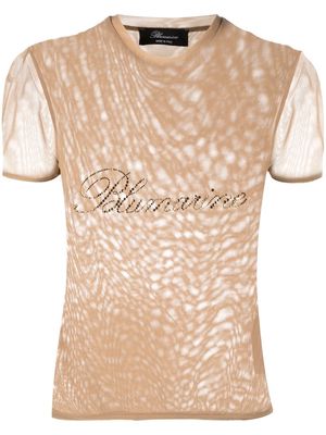 Blumarine rhinestone logo tulle T-shirt - Brown