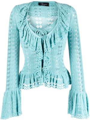 Blumarine ruffle-trim open knit cardigan - Blue