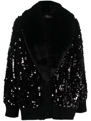 Blumarine sequin-embellished faux-fur trim cardigan - Black