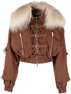 Blumarine shearling-collar denim bomber jacket - Brown