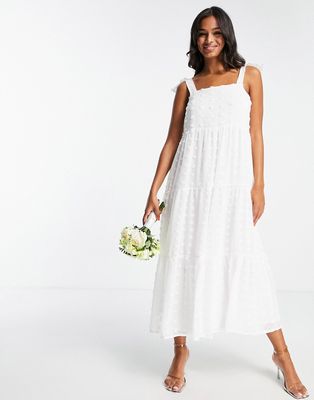 Blume Bridal jauquard spot tiered midi dress with bow tie at shoulder in white